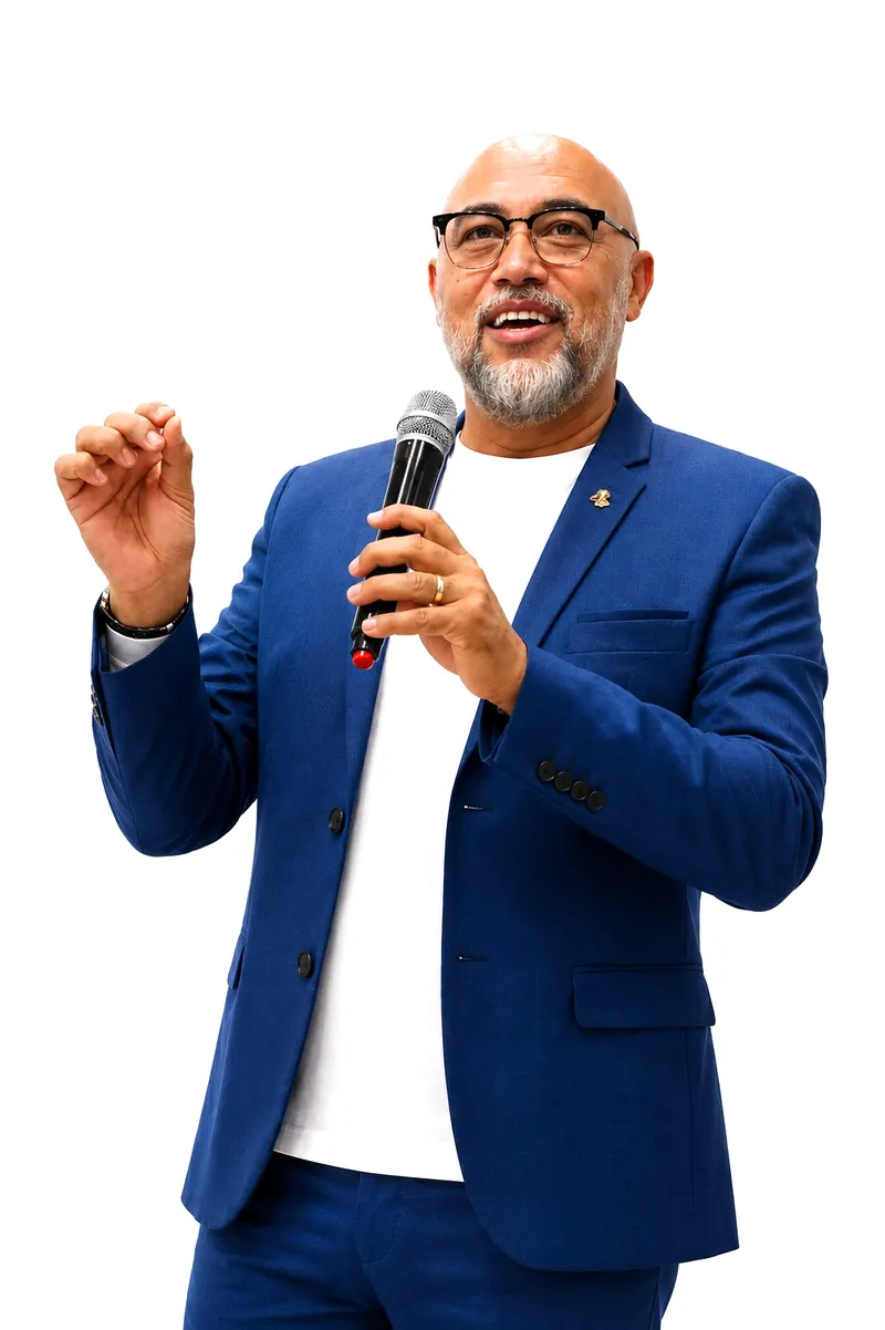 Pastor Marcelo Corrêia ministrando com o microfone na mão